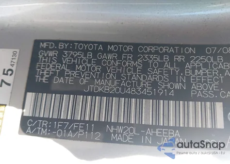 2008 Toyota Prius from USA, damaged, VIN JTDKB20U483451914